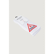 White sock with red triangular guess logo and black embroidered brand name in cotton material for casual wear