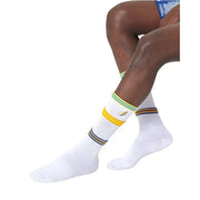Pair of White Striped Socks featuring vibrant colored stripes for stylish comfort