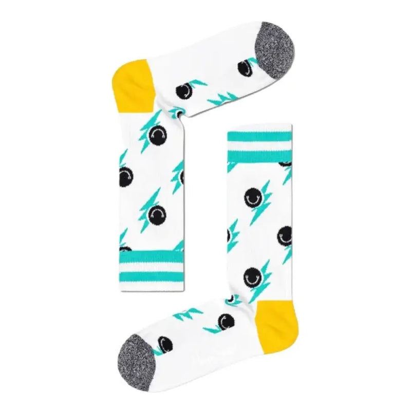 White socks featuring smiley faces and lightning bolts design for a playful style