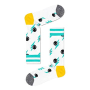 White socks featuring smiley faces and lightning bolts for a playful style
