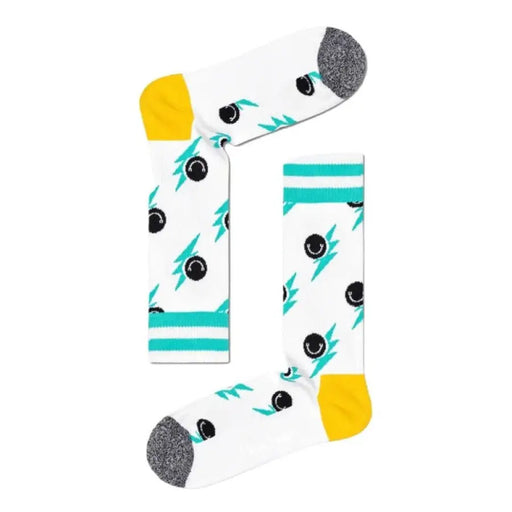 White socks featuring smiley faces and lightning bolts for a playful style