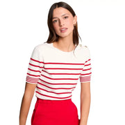 Pull à manches courtes rayé blanc boutonné sur le devant top, rayures horizontales rouges