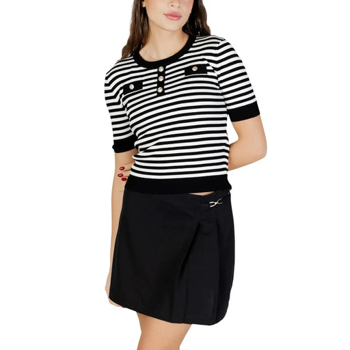 White striped short sleeve round neck knit top back view