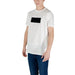 White Armani Exchange Men’s Print T-Shirt featuring a black rectangular logo