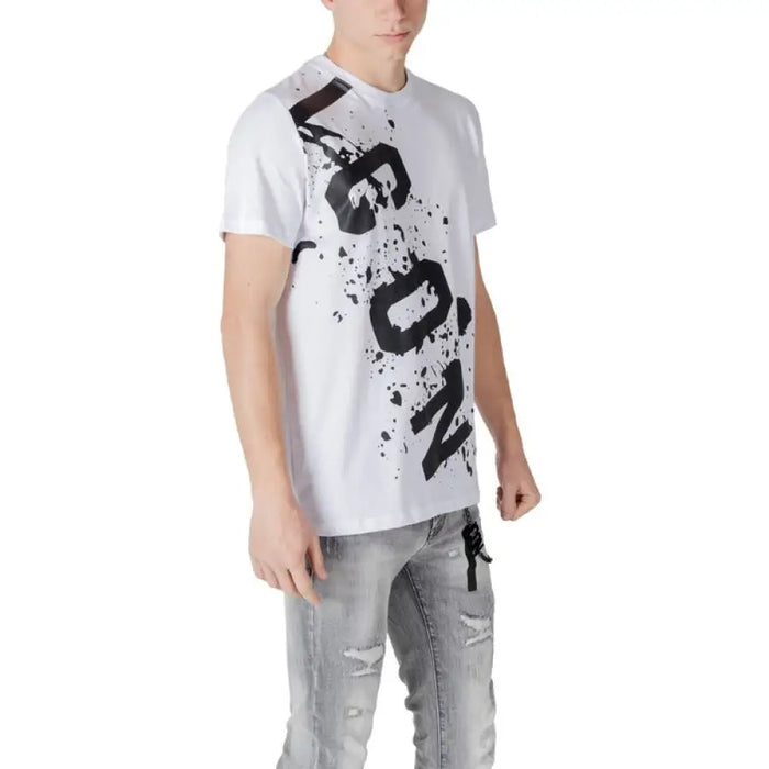 White Cotton T-Shirt for Men with Black Graphic by Icon, Ideal Casual Wear
