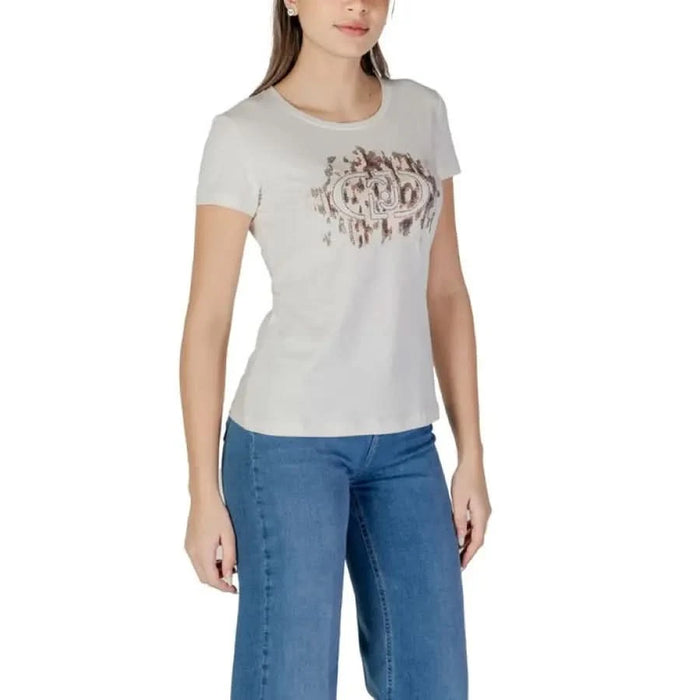 White Liu Jo Women’s T-Shirt featuring a brown graphic design and round neck