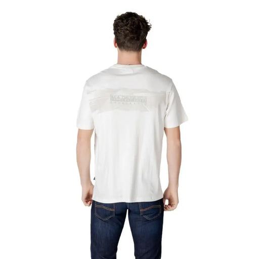 White Cotton Print T-Shirt by Napapijri paired with dark blue jeans