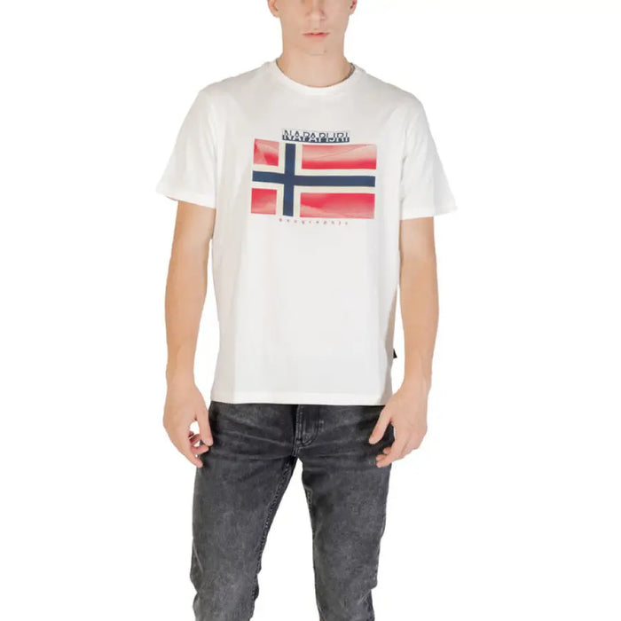 White T-shirt featuring a flag graphic, displayed in a product titled Maroon T Shirt with Norwegian Flag Graphic