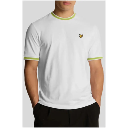 White short-sleeved t-shirt with lime green trim and a small yellow bird logo embroidered on the left chest