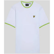 White lyle and scott t-shirt with lime green ringer trim and small yellow bird logo on the chest