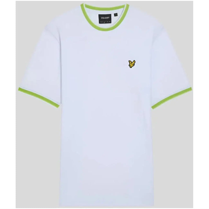 White lyle and scott t-shirt with lime green ringer trim and small yellow bird logo on the chest