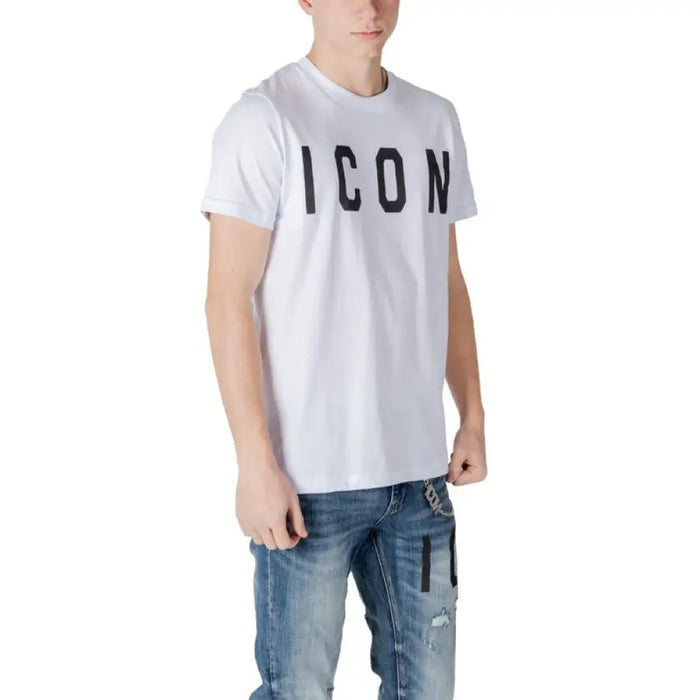 White cotton round neck t-shirt featuring ICON text for men