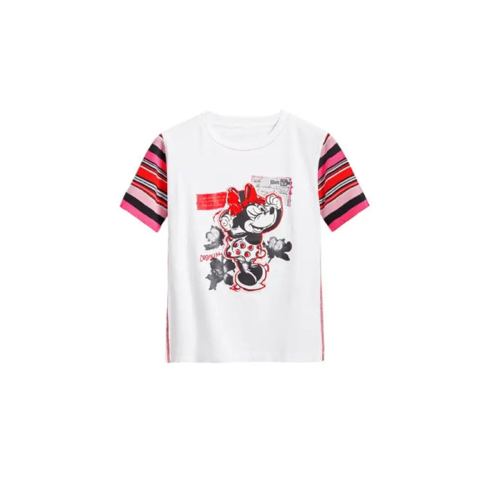 White women’s T-shirt featuring Minnie Mouse graphic and striped sleeves for casual wear