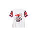 White women’s T-shirt featuring Minnie Mouse graphic and striped sleeves for casual wear