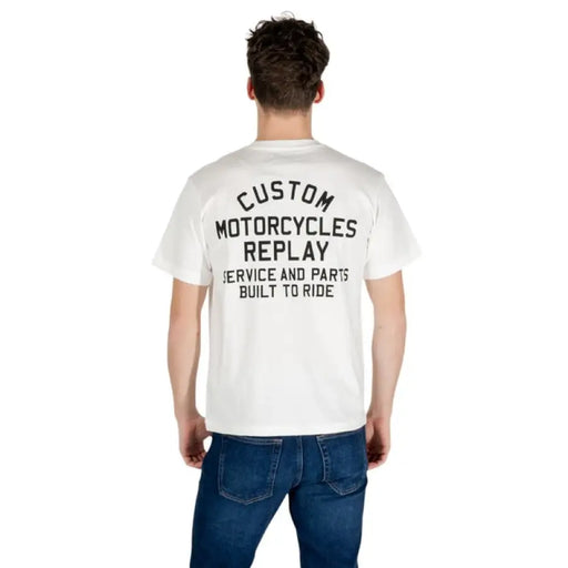 White crew neck T shirt featuring a motorcycle graphic for casual style
