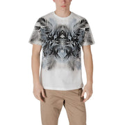 White short-sleeved t shirt with bold black and gray symmetrical palm leaf pattern fading toward the hem