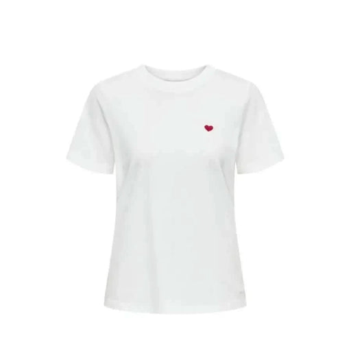 White Jacqueline De Yong Women T-Shirt with small red heart embroidery on chest