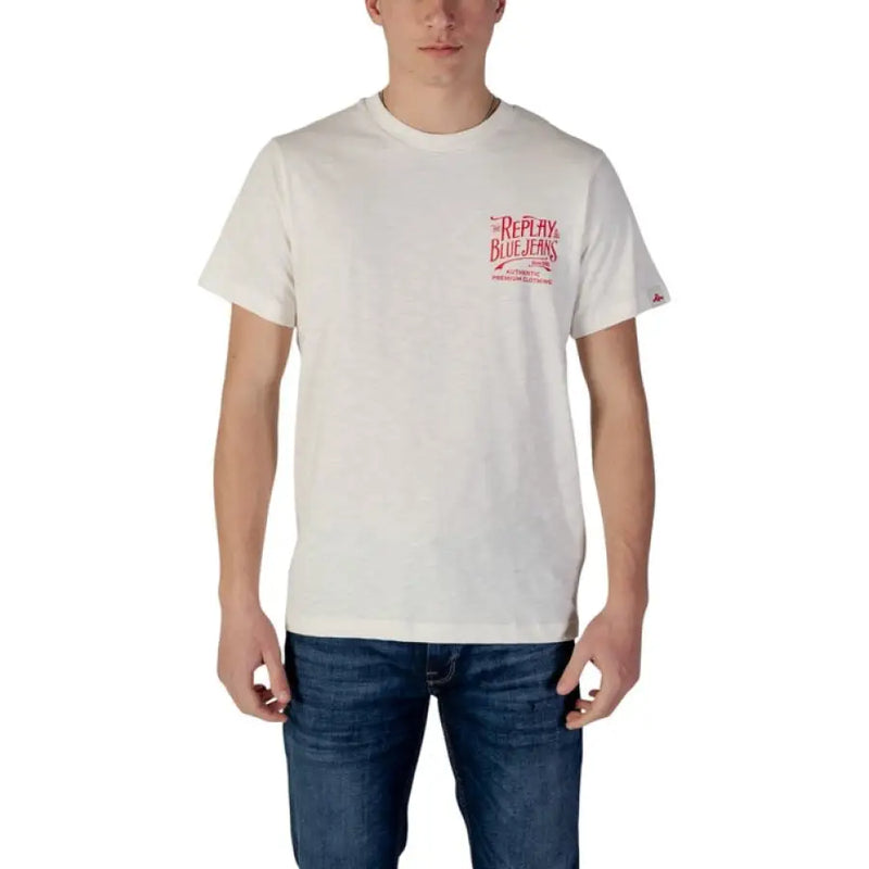 White T-shirt with red graphic displayed on Navy Blue T Shirt With Red Lettering product