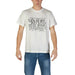 White T-shirt with Replay Blue Jeans graphic displayed on Navy Blue Graphic Tee for Men