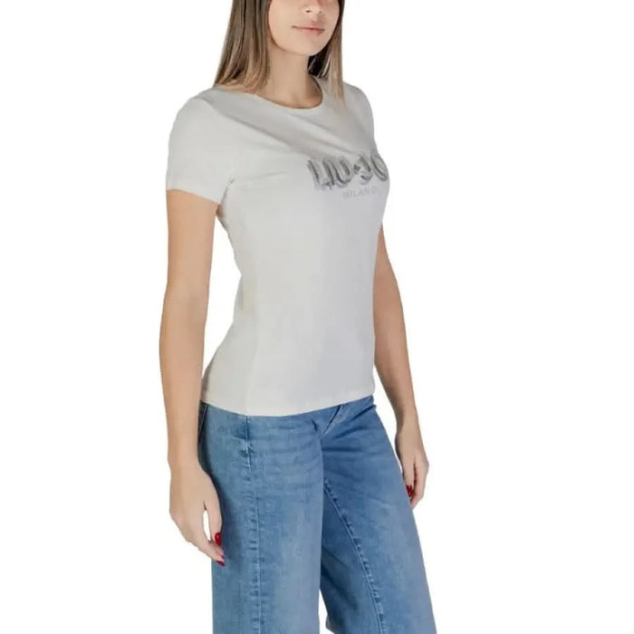 White Liu Jo Women’s Round Neck T-Shirt styled with blue jeans perfect for Spring/Summer