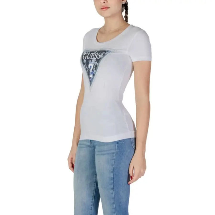 White Guess Women’s Spring/Summer Round Neck T-Shirt with triangular logo graphic