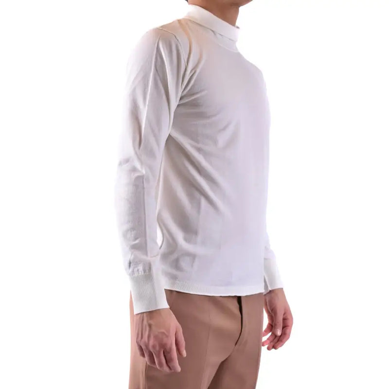 White turtleneck long sleeve sweater with smooth textured fabric and ribbed cuffs in a classic design
