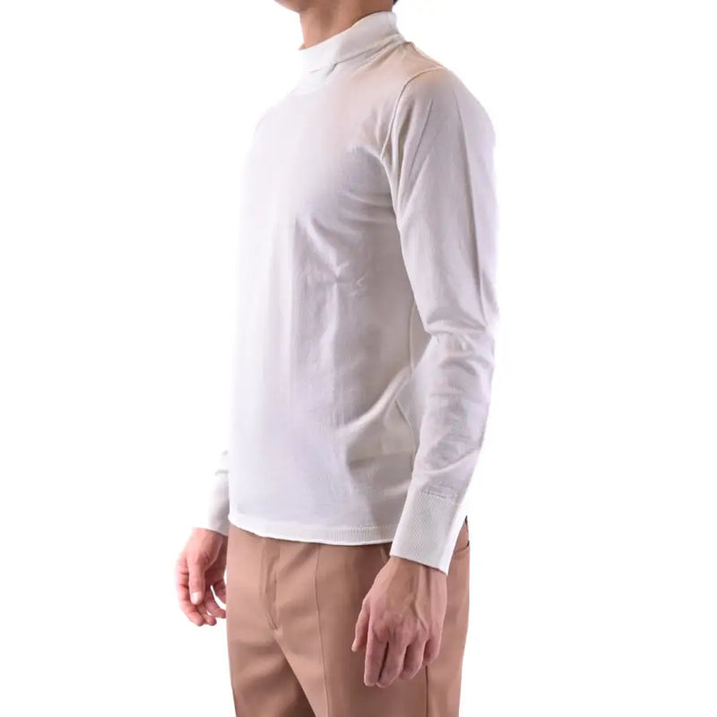 White turtleneck long sleeve sweater with crisp white fitted fabric and ribbed cuffs made of smooth material