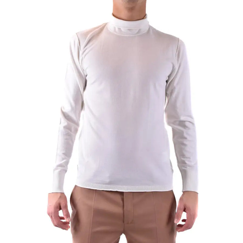 White turtleneck long sleeve sweater with smooth fitted knit texture and ribbed cuffs in soft material