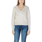 White v-neck hooded sweater with drawstrings from Morgan De Toi Women’s Collection