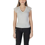 Morgan De Toi Women’s White V-Neck T-Shirt with Lace Cap Sleeves as featured in product image