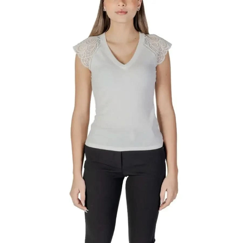 Morgan De Toi Women’s White V-Neck T-Shirt with Lace Cap Sleeves as featured in product image