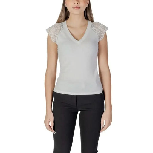 Morgan De Toi Women’s White V-Neck T-Shirt with Lace Cap Sleeves as featured in product image