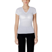 White Armani Exchange women’s sleeveless V-neck cotton T-shirt displayed for sale