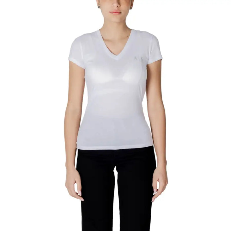 White Armani Exchange women’s sleeveless V-neck cotton T-shirt displayed for sale