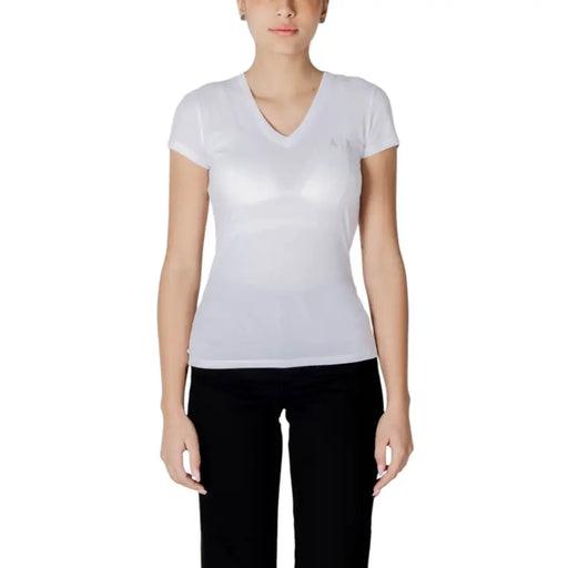 White Armani Exchange women’s sleeveless V-neck cotton T-shirt displayed for sale