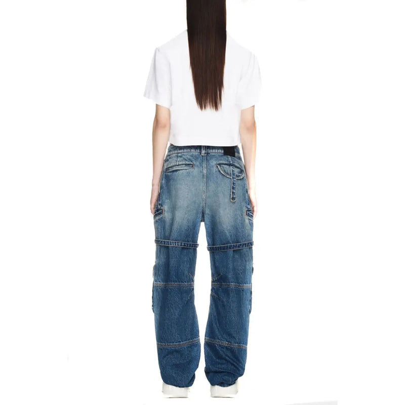 Off white women cotton blue denim cargo jeans with zip fly, distressed finish, multiple pockets, and reinforced stitching