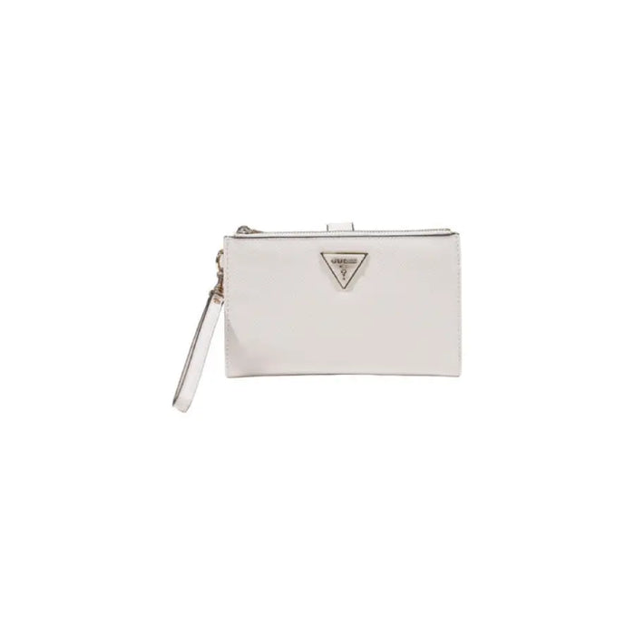 White wristlet wallet featuring a triangular logo from the Guess Black collection