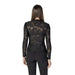 Woman wearing Black Floral Lace Long Sleeve Top with floral-patterned black top and pants