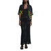 Woman wearing a black floral print shirt and crochet dress showcasing stylish casual attire