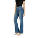 Woman wearing blue denim flare jeans for women, showcasing stylish blue flared pants