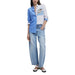 Woman wearing a striped long-sleeved button-down shirt and jeans