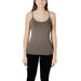 Woman wearing a gray tank top and black leggings showcasing the Black Spaghetti Strap Tank Top