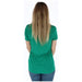Woman wearing a green T shirt with pink lettering displayed in the product listing