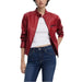 Woman in red leather jacket and blue jeans modeling Desigual Women’s Black Zip Jacket