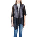 Woman wearing a sheer black cardigan and jeans from the Women’s Beige Cardigans and Poncho Collection
