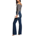 Woman in striped top and flared jeans wearing Morgan De Toi Black Knit Sweater