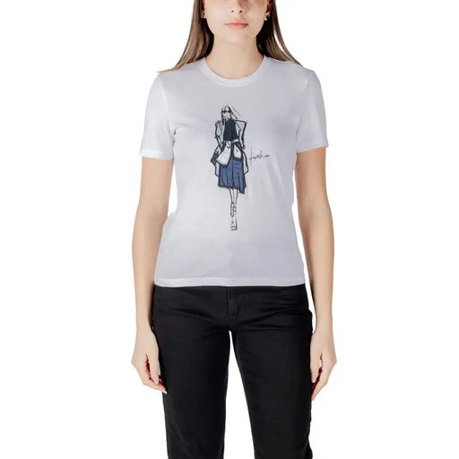 Woman wearing white organic cotton short sleeve round neck T shirt with fashion illustration