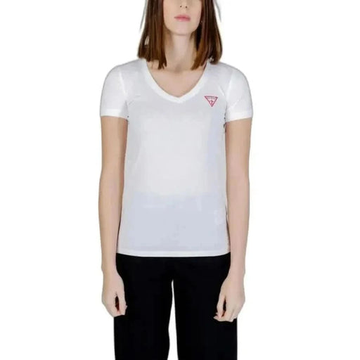 Guess Guess Women T-Shirt - woman in white shirt with red triangle logo