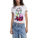 Woman wearing a white T shirt with a colorful face graphic and light blue jeans