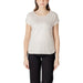Woman wearing beige T shirt and black pants displayed in Womens Beige T Shirt and Black Pants product image